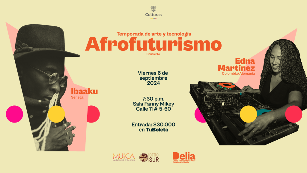 Pieza gráfica invitando a Temporada de Afrofuturismo 2024 en el centro de Bogotá.
Ibaaku (Senegal) y Edna Martínez (Colombia/Alemania) 