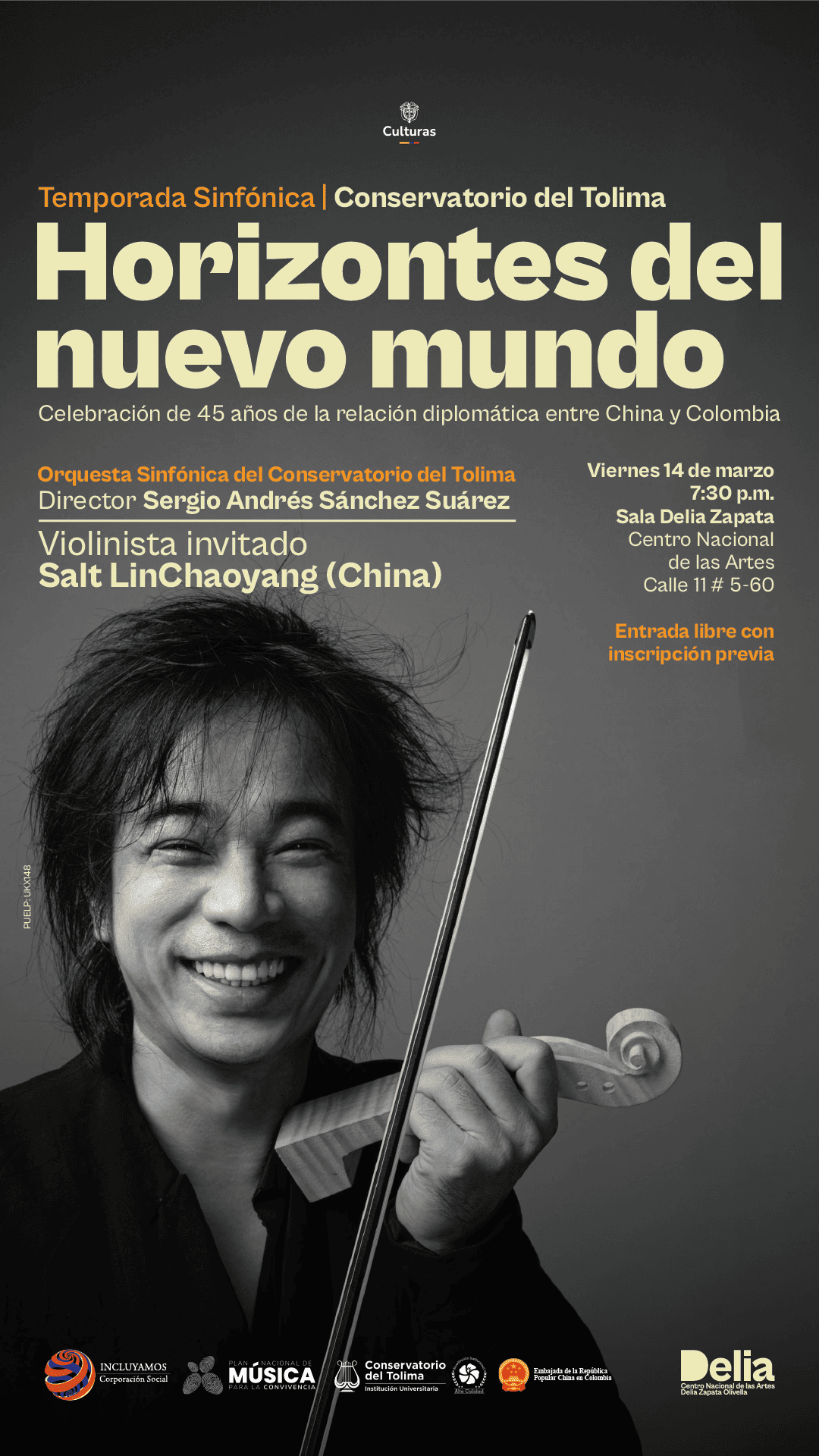 concierto Horizontes del Nuevo Mundo, la Orquesta Sinfónica del Conservatorio del Tolima, junto a su invitado, el violinista chino Salt Lin Chaoyang