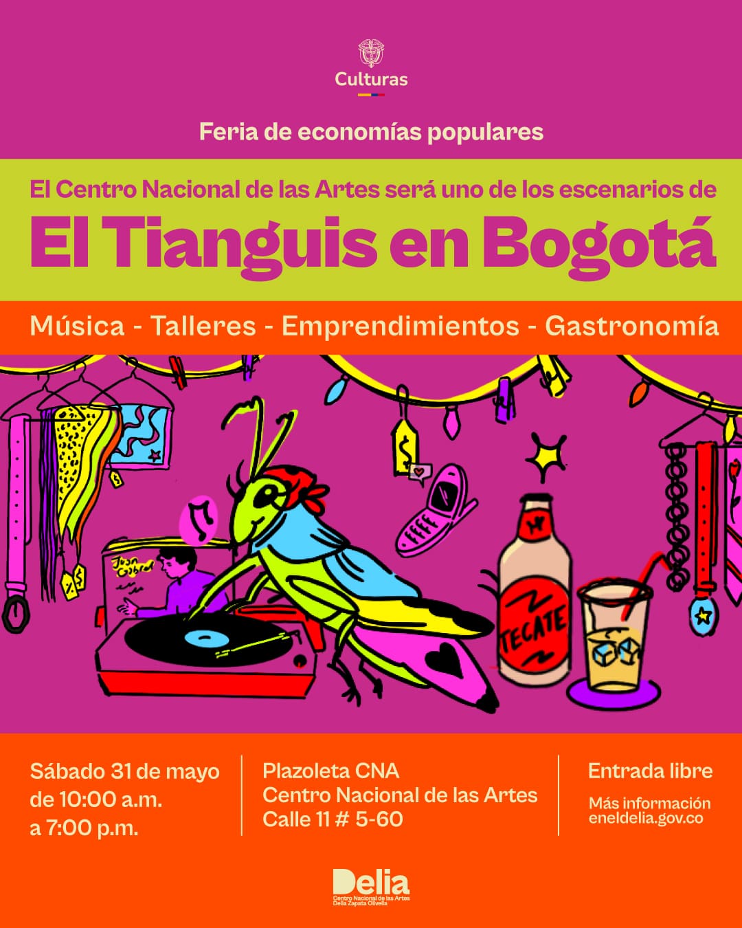El próximo sábado 31 de mayo a las 3:00 p.m., el Centro Nacional de las Artes abrirá sus puertas para ser uno de los escenarios de El Tianguis en Bogotá, una experiencia cultural pensada para un público diverso, con especial énfasis en comunidades migrantes, jóvenes urbanos, familias jóvenes, turistas culturales y personas interesadas en el consumo responsable, la cultura alternativa y la economía circular. 