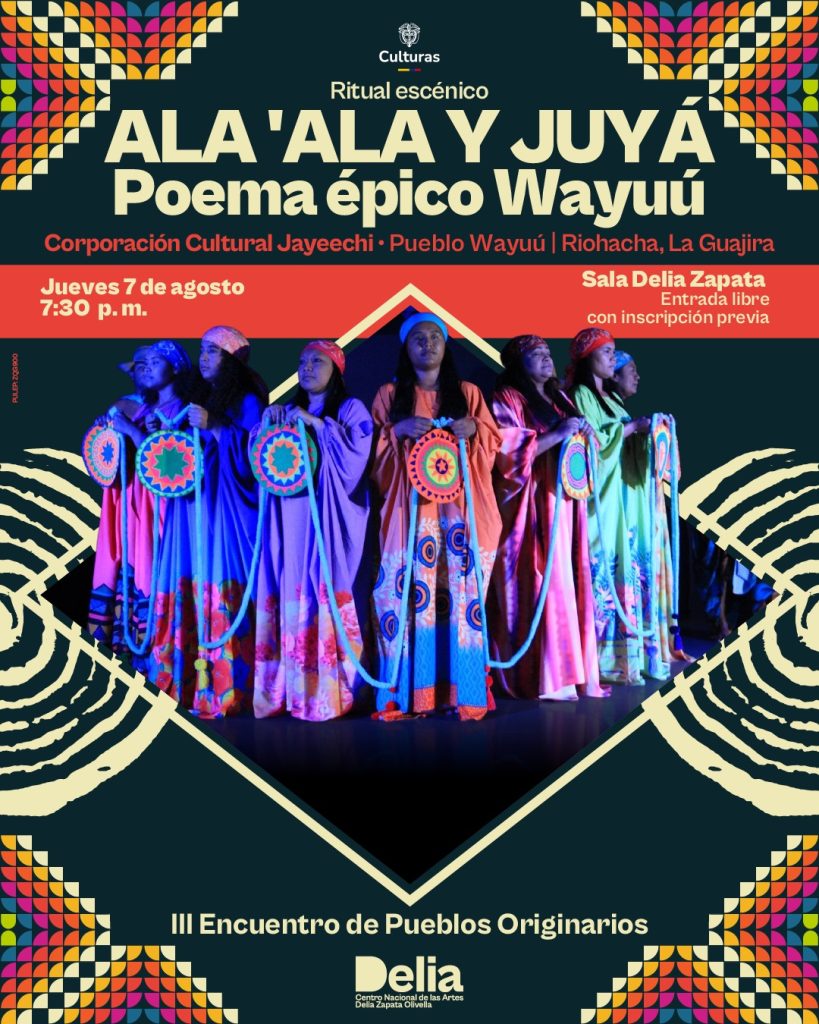 Desde La Guajira, la Corporación Cultural Jayeechi presenta 'ALA’ALA Y JUYÁ', una ritual escénico que explora el mito, el teatro y la ritualidad en torno al conflicto por el agua desde la herencia cultural del pueblo Wayuú. A través de actos rituales como el segundo velorio, la danza yonna y el Kaulayawa, esta obra crea un ambiente místico y sensorial que destaca la crisis hídrica global y enfatiza la conexión entre los seres humanos, la naturaleza y el cosmos. De igual manera, celebra las tradiciones ancestrales y la resiliencia de la comunidad Wayuú.