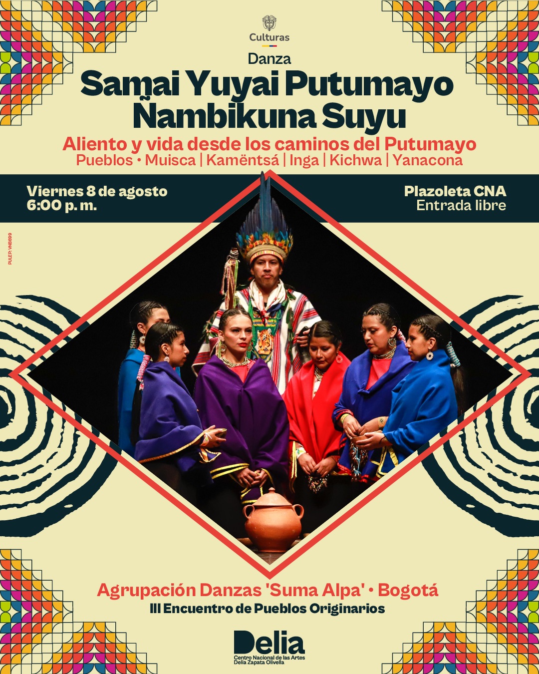 La agrupación Danzas Suma Alpa trae al Centro Nacional de las Artes una obra dancística que recoge las prácticas y costumbres del pueblo indígena Inga. Teniendo como dramaturgia principal el tejer del chumbe, cada escena muestra la cosmovisión de los sabedores y sabedoras de la cosmovisión Inga: la medicina, la palabra, la siembra, el tallar, el curar, el danzar.