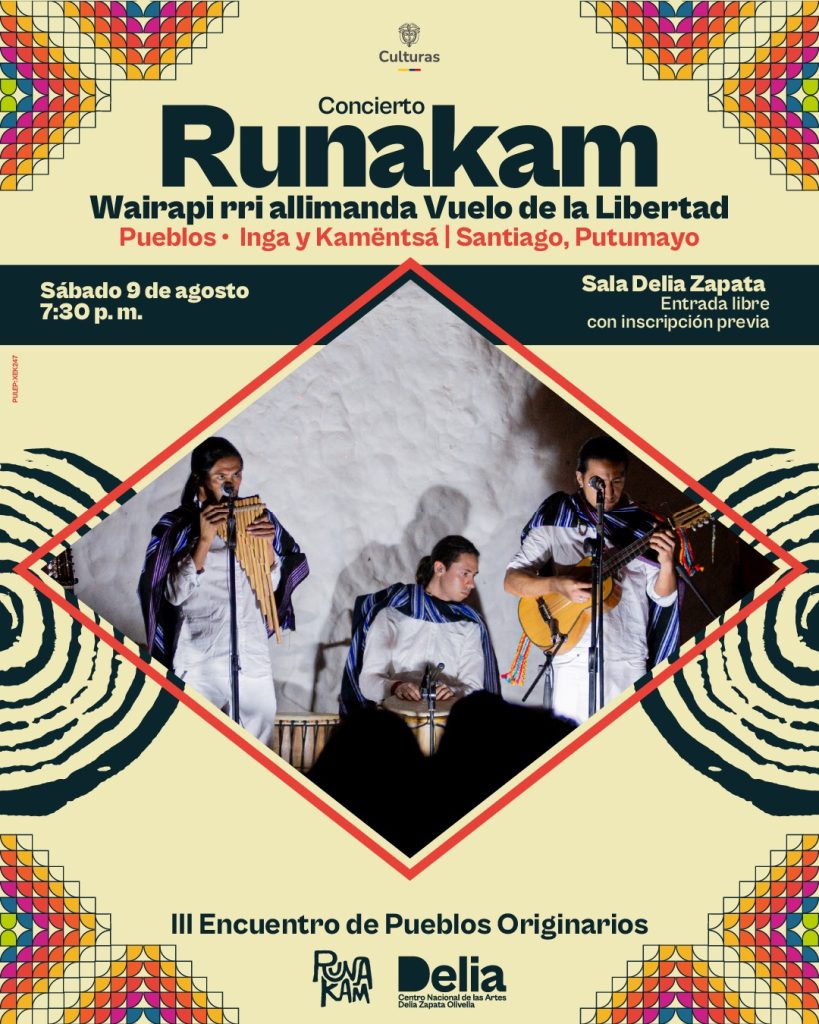Desde el Valle de Sibundoy, cuna de los pueblos Inga y Kamëntšá, llega al Centro Nacional de las Artes Runakam, una agrupación de cinco artistas indígenas que honran el territorio a través de su propuesta musical.