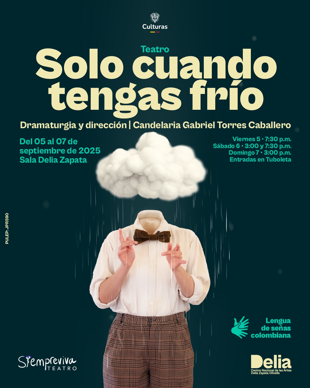 Solo Cuando Tengas Frío es una obra de teatro bilingüe, con lengua de señas colombiana, e intercultural que teje una narrativa emotiva alrededor de la relación entre Irina y su hijo, Agustín. Irina está decidida a evitar que su hijo saque las manos de los bolsillos mientras alguien más esté viendo. Las razones detrás de esta decisión no se develan en un principio, pero a medida que Agustín comienza a crecer descubre que hay algo diferente en él. 