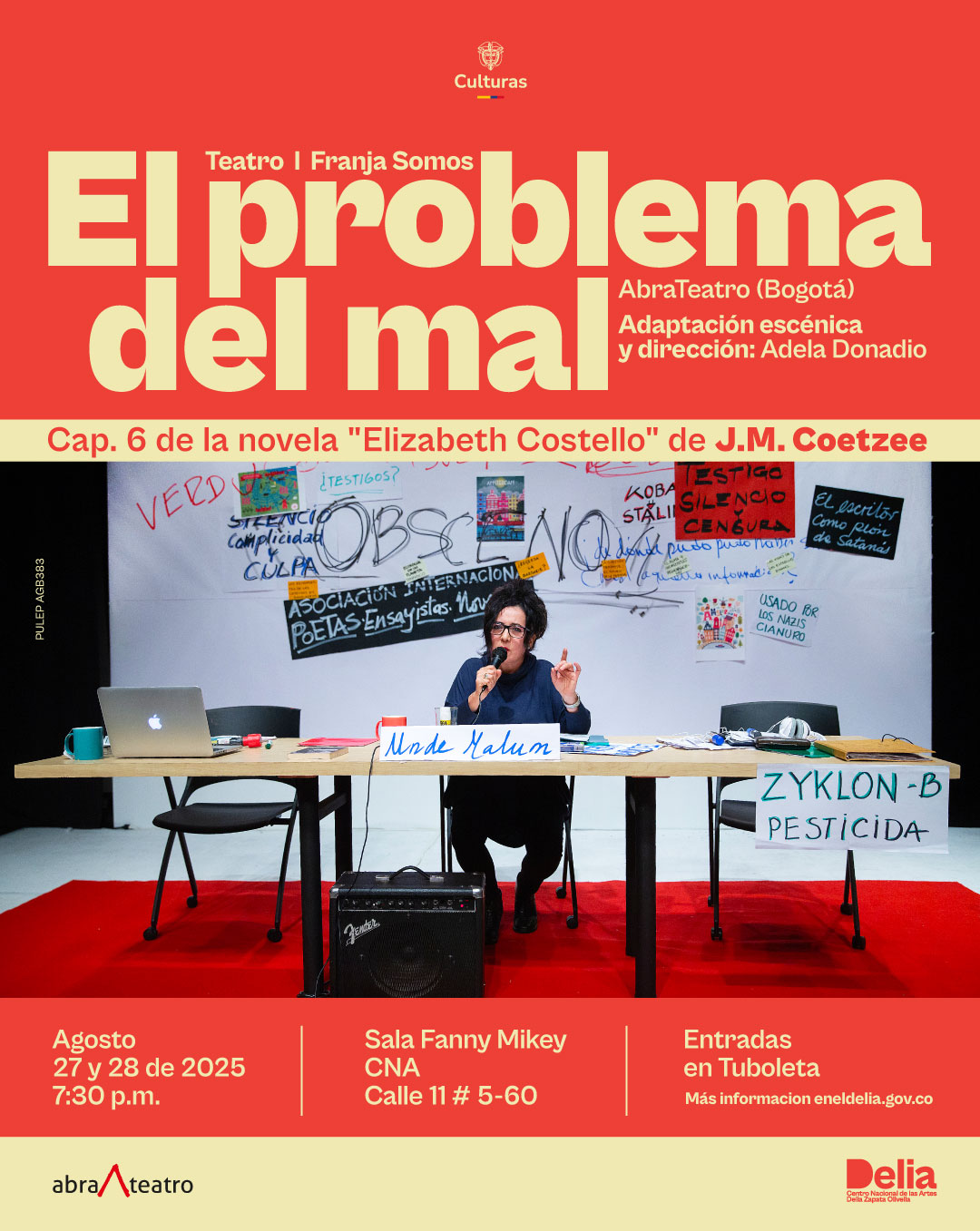 La obra de la compañía AbraTeatro sigue a Elizabeth Costello, una escritora veterana y polémica, invitada a Ámsterdam para dictar una conferencia sobre “el eterno problema del mal”. Durante su intervención, Costello explora la ética del artista ante la narración de horrores históricos y los límites de lo moral en la era contemporánea, recurriendo para ello a una punzante revisión de la novela de un autor inglés.