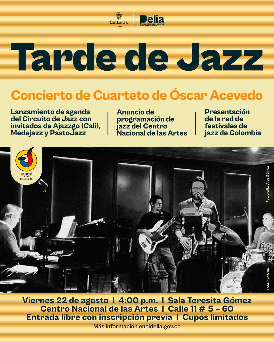 El Centro Nacional de las Artes Delia Zapata Olivella tiene el gusto de hacerles una invitación especial a la Tarde de Jazz que se realizará este viernes 22 de agosto en nuestras instalaciones. El encuentro busca celebrar y difundir el jazz colombiano, dar a conocer la nutrida programación que trae septiembre en diferentes ciudades y cómo el CNA se suma al Circuito de Jazz Colombia.