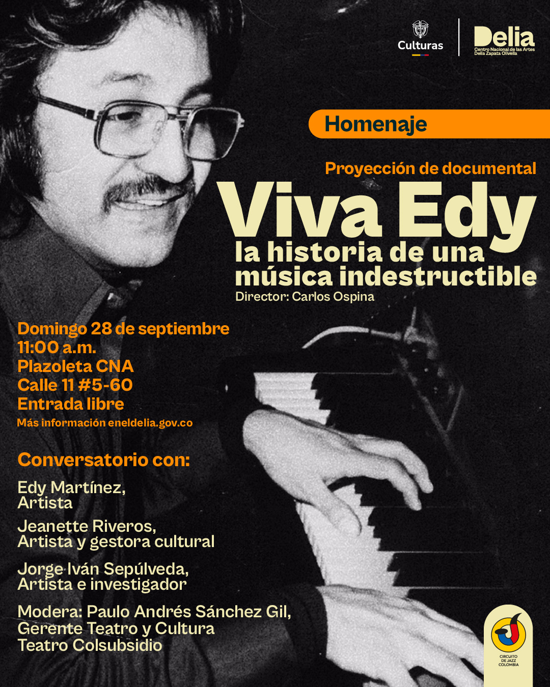 Esta actividad propone una experiencia doble en torno a la figura y el legado de Edy Martínez. En primer lugar, se proyectará el documental Viva Edy, dirigido por Carlos Ospina, que invita a recorrer la excepcional trayectoria del pianista, compositor y arreglista colombiano, considerado uno de los mayores exponentes de la música latina en los años 60 y 70.