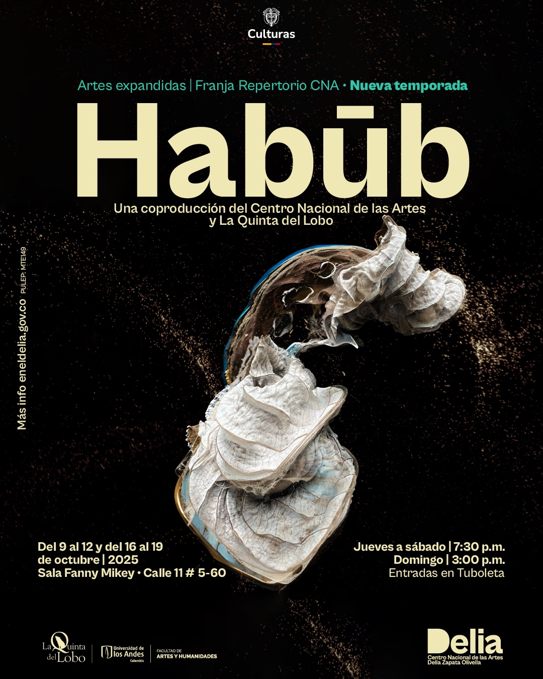 Vuelve Habūb, escrituras de arena y agua, la coproducción del Centro Nacional de las Artes y La Quinta del Lobo que inauguró la serie de Vorágine Expandida en el 2024, con una historia que hace visible la conexión entre el desierto del Sahara en África y el Amazonas en América del Sur a través de una narración en la que se incluyen las voces de los pueblos indígenas de La Chorrera de la selva amazónica.