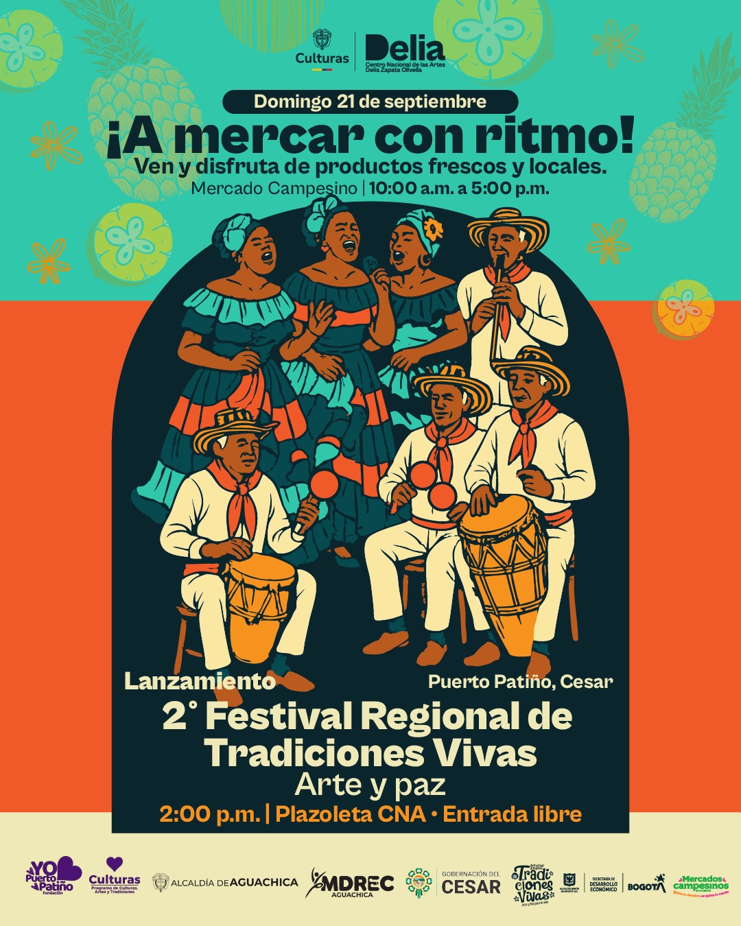 El próximo domingo 21 de septiembre, la Plazoleta del Centro Nacional de las Artes Delia Zapata Olivella será escenario de un encuentro único que une campo y cultura. Desde las 10:00 a.m. hasta las 5:00 p.m., el público podrá disfrutar del Mercado Campesino, un espacio para mercar con ritmo, compartir con los productores locales y acceder a alimentos frescos, cultivados con saberes ancestrales y prácticas sostenibles.