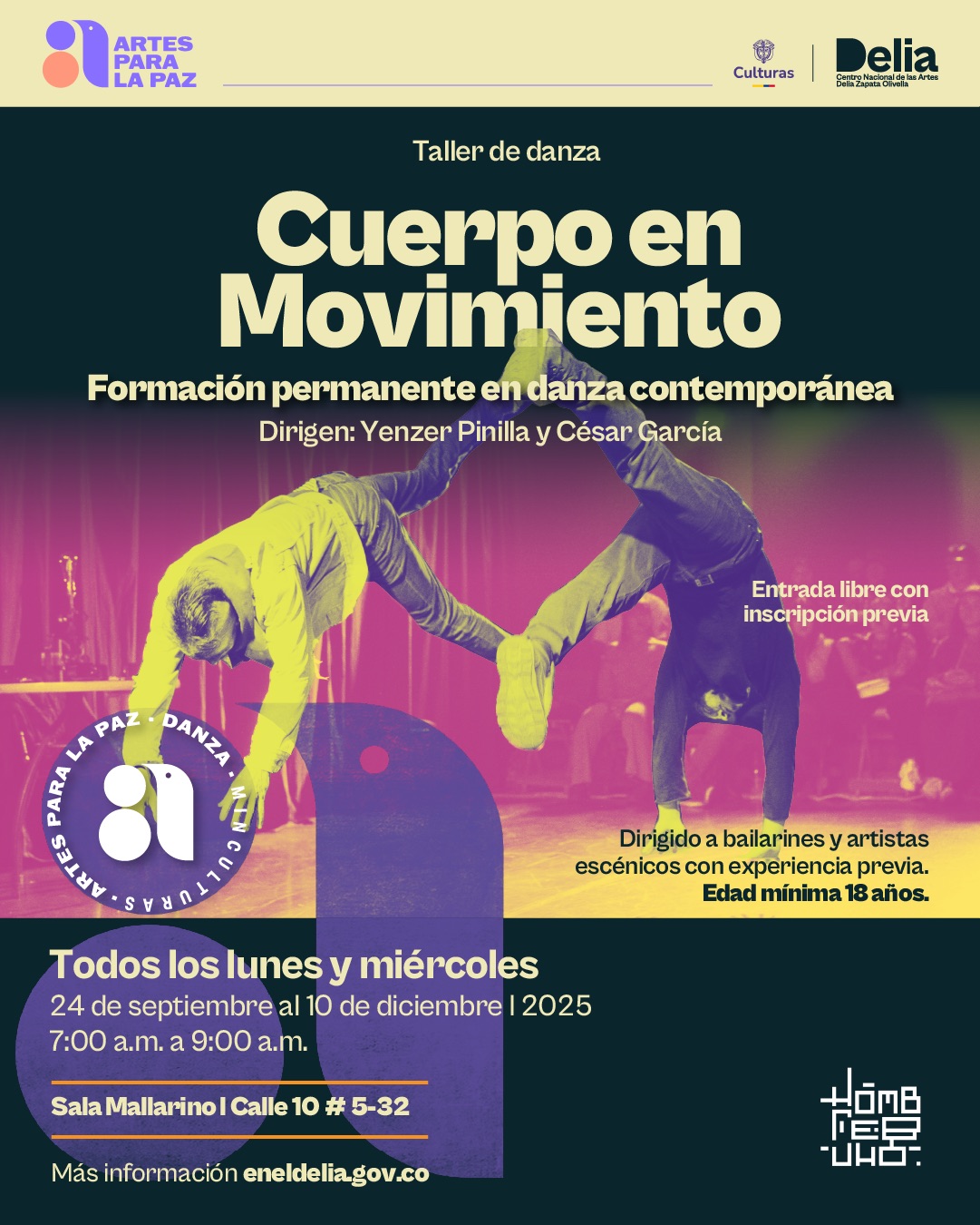 Del 22 de septiembre al 10 de diciembre de 2025, el Centro Nacional de las Artes Delia Zapata Olivella abre un espacio de formación que apuesta por el cuerpo como territorio de creación, memoria y encuentro. Cuerpo en Movimiento es un programa intensivo de danza contemporánea que combina técnicas release, prácticas somáticas, improvisación y danza contacto, orientado a bailarines y artistas escénicos con experiencia previa que deseen fortalecer sus habilidades técnicas, expresivas y creativas.