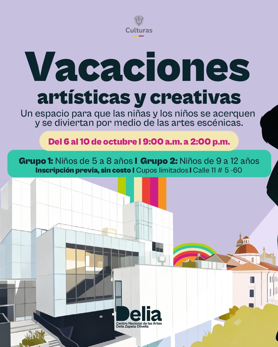 Las Vacaciones Artísticas y Creativas, que se llevarán a cabo del 6 al 10 de octubre, están diseñadas para acercar a niños y niñas de 5 a 12 años al lenguaje de las artes escénicas mediante experiencias lúdicas y pedagógicas. La programación incluye un Laboratorio de Teatro Físico y Sombras y un Laboratorio de Sonido y Música, espacios que invitan a la exploración del cuerpo, la voz, la imagen y el sonido. Más allá de un producto final, la propuesta se enfoca en la experimentación, el juego y la creación colectiva, estimulando la imaginación y la sensibilidad artística de los participantes 
