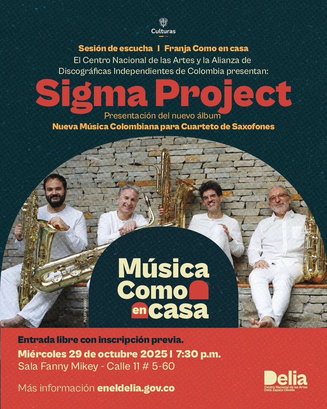 El Centro Nacional de las Artes Delia Zapata Olivella recibe a SIGMA Project en la franja Como en casa, para una sesión de escucha de su nuevo álbum Nueva Música Colombiana para Cuarteto de Saxofones editado por Mode Records (Nueva York).