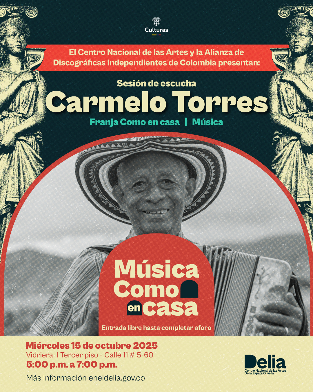 El Centro Nacional de las Artes Delia Zapata Olivella celebra los 133 años del Teatro Colón con una sesión de escucha dedicada al maestro Carmelo Torres, heredero de la cumbia sabanera y discípulo directo del legendario Andrés Landero.
