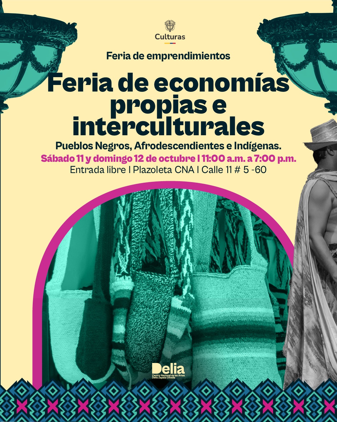 Como parte de la celebración del Día de la Diversidad Étnica y Cultural y de los 133 años del Teatro Colón del Centro Nacional de las Artes, la Feria de economías propias e interculturales invita a conocer, dialogar y apoyar los saberes productivos de comunidades Negras, Afrodescendientes e Indígenas.
Durante el sábado 11 y domingo 12 de octubre, desde las 11:00 a.m. hasta las 7:00 p.m., la Plazoleta del Centro Nacional de las Artes se convierte en un punto de encuentro entre tradición y contemporaneidad, donde se entretejen oficios, memorias y resistencias a través del arte, la gastronomía, la joyería, la medicina ancestral, los tejidos y otros productos que reflejan las formas de vida de distintos territorios del país.
Más que una feria, este espacio es un gesto de reconocimiento a las prácticas que sostienen la vida y al intercambio cultural como camino de creación colectiva.