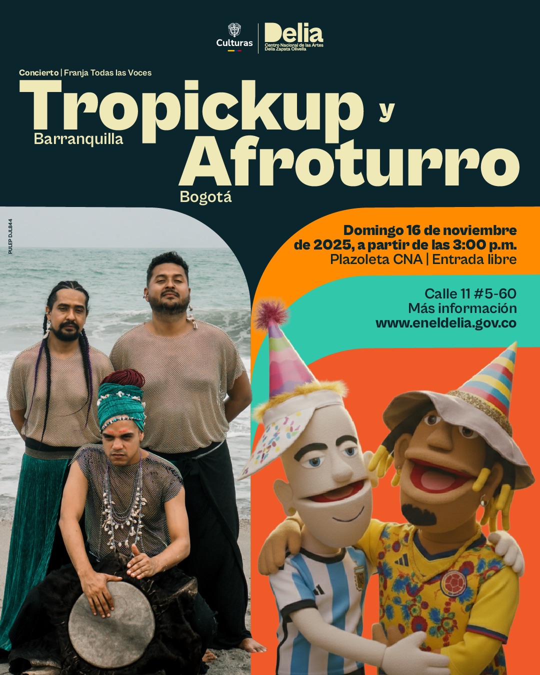 Tropickup y Afroturro llegan con una explosión de ritmos latinoamericanos que mezclan tradición, baile y experimentación sonora. Tropickup, trío barranquillero nacido en 2015, profundiza en las raíces afrocaribeñas de Colombia y las fusiona con músicas del mundo mediante sintetizadores, drum machines y tambores tradicionales, creando paisajes sonoros potentes y futuristas donde dialogan el folclor y la electrónica.