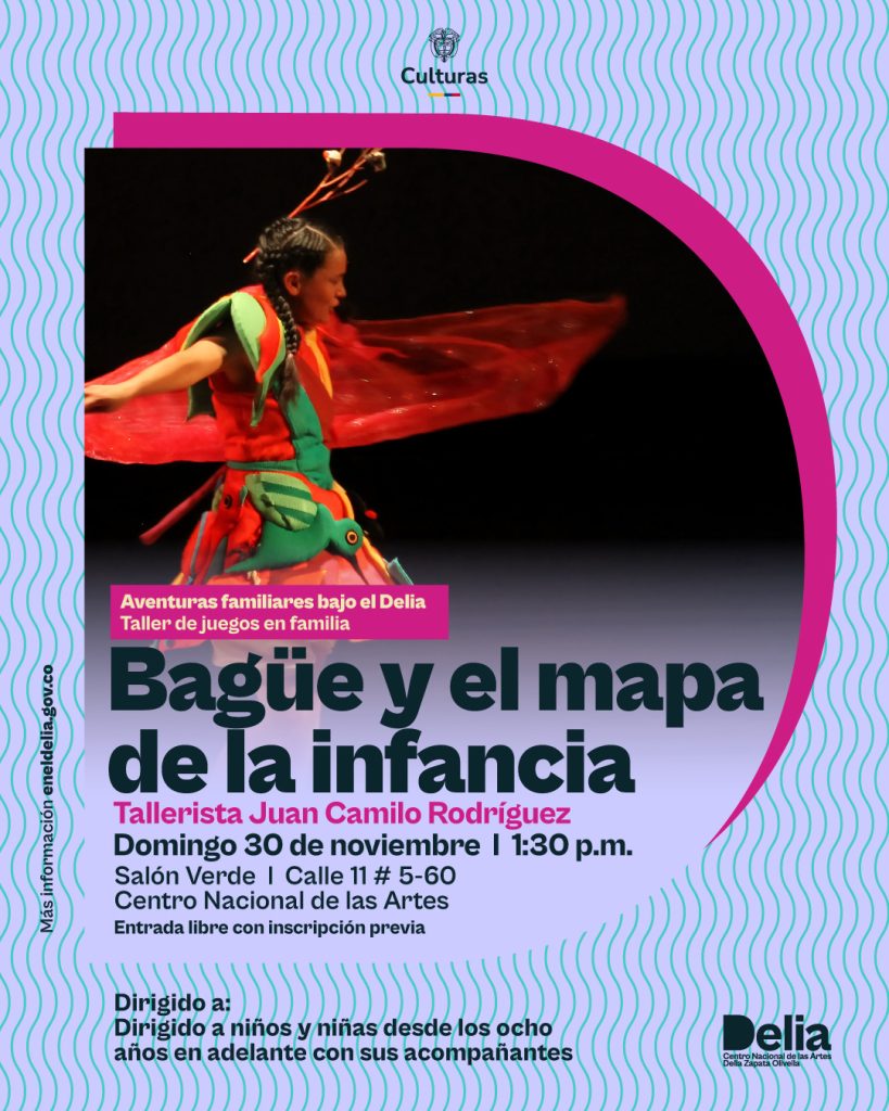 Bagüe y el mapa de la infancia hace parte del programa de Escuela de Públicos del Centro Nacional de las Artes. Un taller de juegos en familia diseñado para propiciar un espacio de encuentro entre niños, niñas y adultos, invitándolos a reconectar con la imaginación, el juego y la memoria de la infancia.