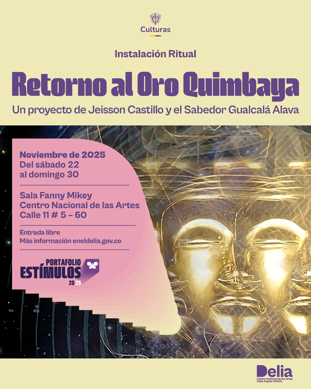Retorno al Oro Quimbaya es una instalación ceremonial inmersiva que invita al público a reencontrarse con las tecnologías ancestrales de consulta, limpieza y confesión, para abrir un camino simbólico de retorno espiritual hacia las 122 piezas de la Colección Quimbaya que hoy se encuentran fuera del país. Concebida para la Sala Fanny Mikey, la experiencia propone un espacio en constante transformación
