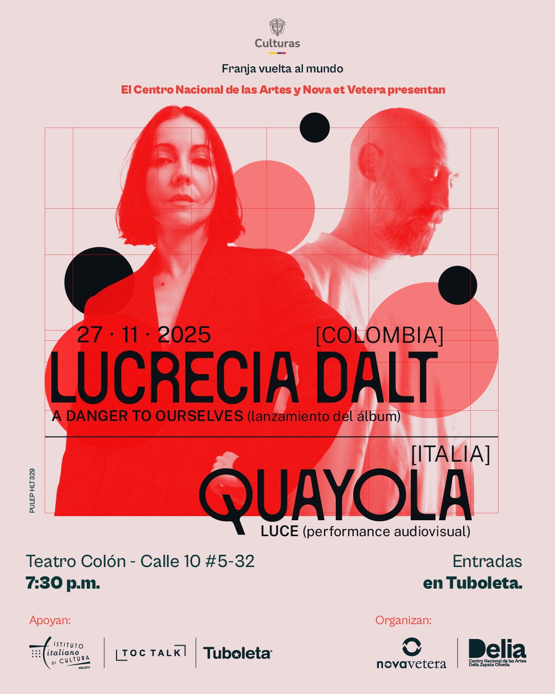 Lucrecia Dalt y Quayola estarán en una noche que mezcla arte digital y música contemporánea: Quayola presentará una videoperformance donde convierte imágenes históricas en paisajes visuales creados con algoritmos, resaltando formas y texturas para que el archivo se sienta vivo y actual; y Lucrecia Dalt lanzará su nuevo álbum