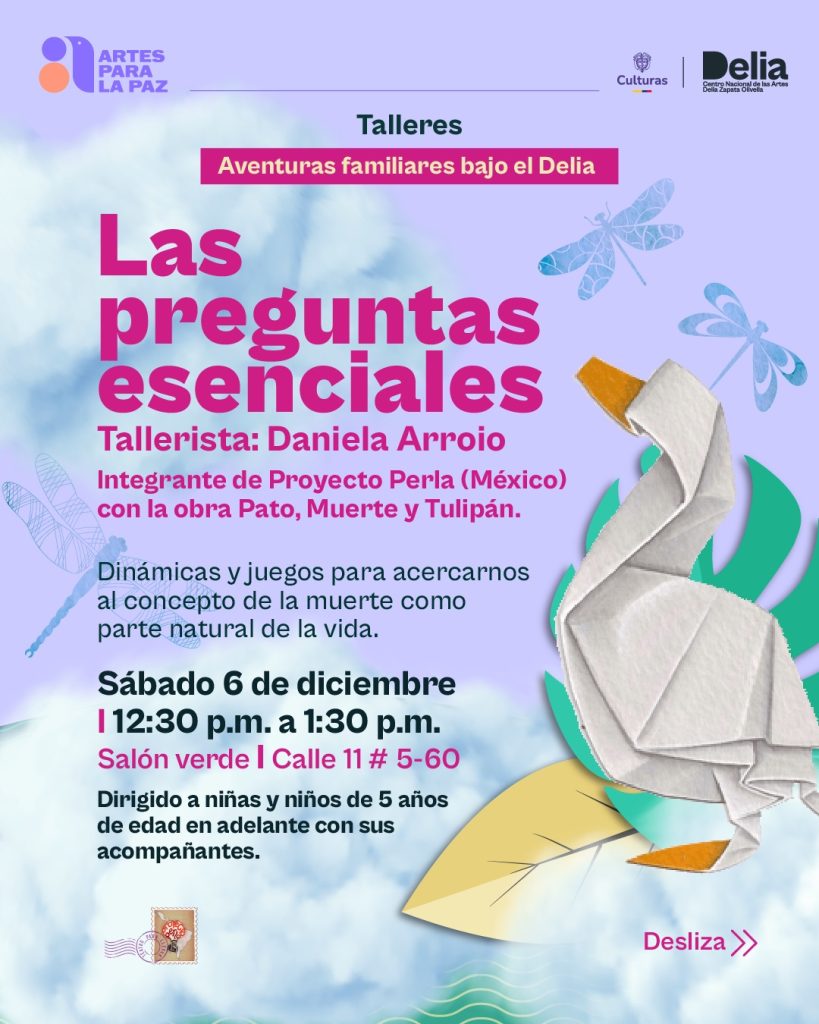 Pato, muerte y Tulipán invita a las familias a reflexionar sobre preguntas esenciales: ¿cómo vivimos?, ¿qué significa morir?, ¿cómo entendemos los comienzos y los finales? A través de dinámicas corporales, juegos de palabras, relatos y dibujos, las y los participantes se acercan al concepto de la muerte como parte natural de la vida.