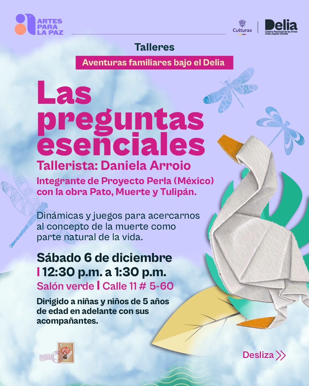 Pato, muerte y Tulipán invita a las familias a reflexionar sobre preguntas esenciales: ¿cómo vivimos?, ¿qué significa morir?, ¿cómo entendemos los comienzos y los finales? A través de dinámicas corporales, juegos de palabras, relatos y dibujos, las y los participantes se acercan al concepto de la muerte como parte natural de la vida.