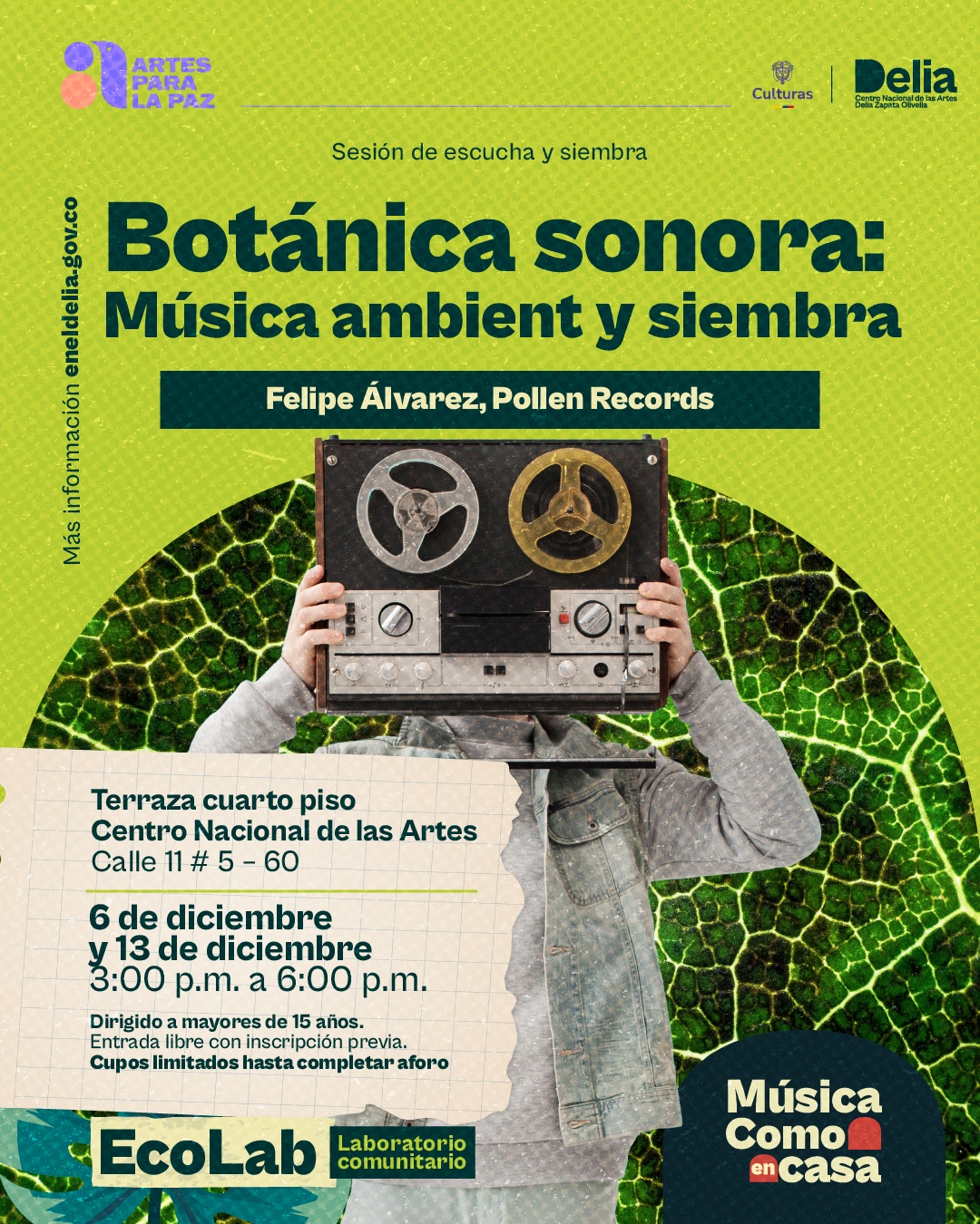 Este mes, Música como en casa se une al laboratorio comunitario Ecolab para presentar una experiencia que combina música ambient, escucha profunda y siembra. A lo largo de dos sesiones, el público podrá explorar cómo el sonido dialoga con la vida vegetal, creando atmósferas que invitan a la contemplación, la sensibilidad y la conexión con la naturaleza.