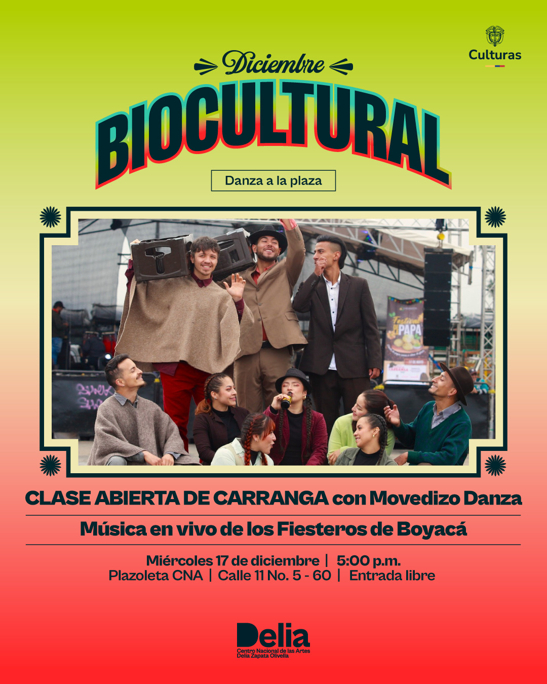 Este 27 de diciembre, la Dirección de Artes del Ministerio de las Culturas, les invita a cerrar el año bailando en comunidad con la clase abierta de Carranga dirigida por la compañía Movedizo Danza, una oportunidad para disfrutar, aprender y mover el cuerpo al ritmo de nuestras tradiciones campesinas.