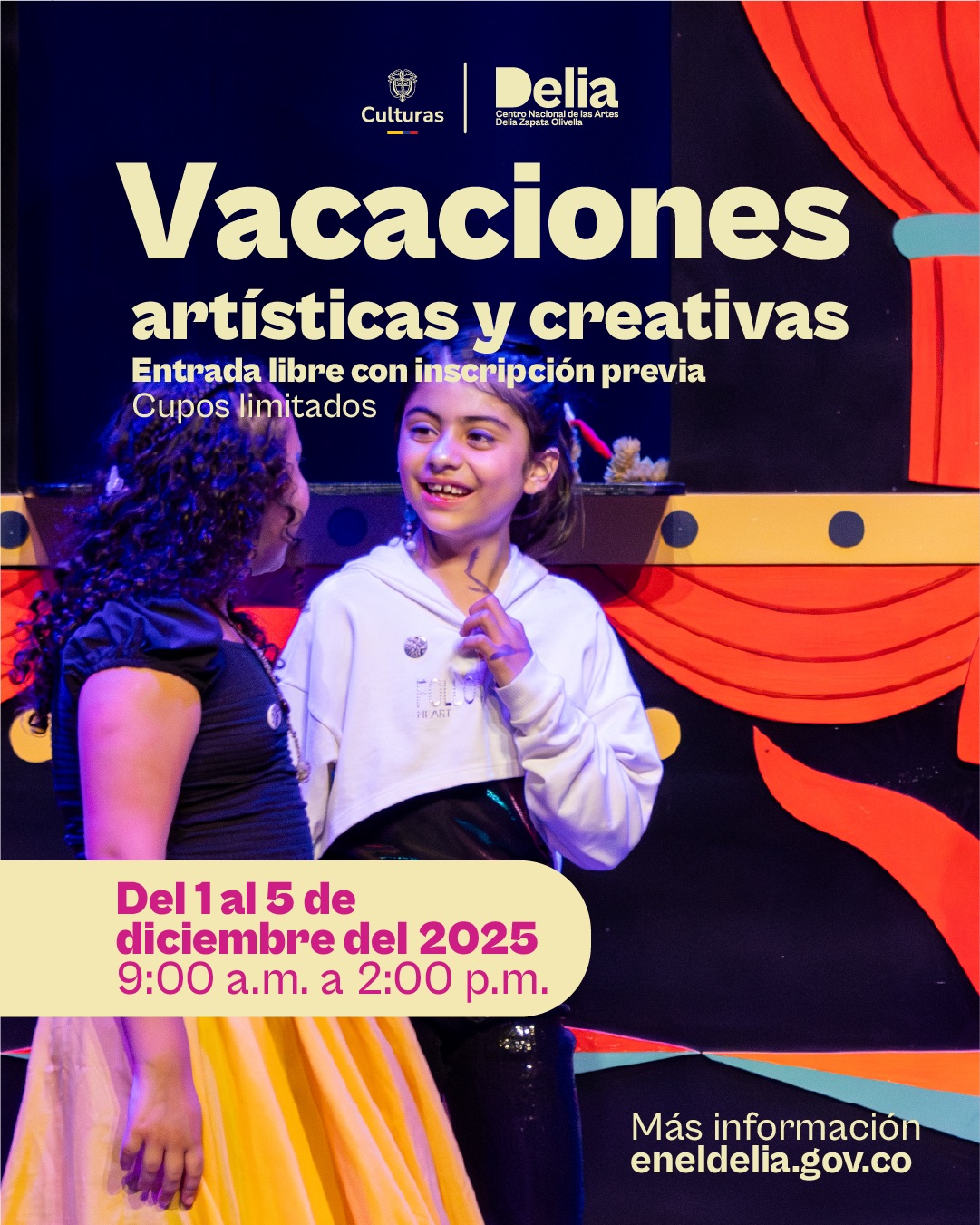 Las Vacaciones Artísticas son espacios lúdico-pedagógicos diseñados para acercar a niños y niñas al lenguaje de las artes escénicas, centrados en la exploración del cuerpo, la voz, el sonido, la imagen y el objeto.