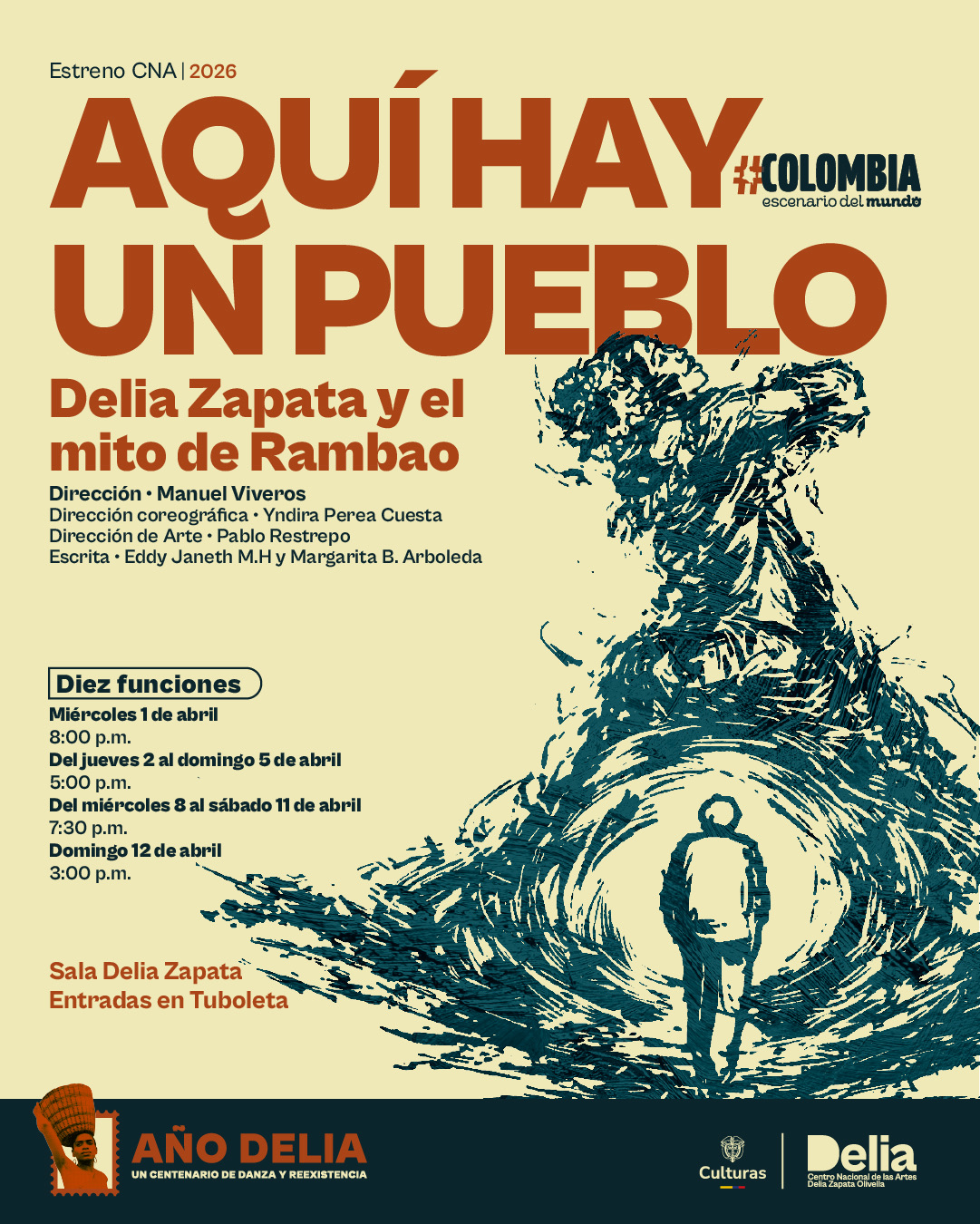 Aquí hay un pueblo es una relectura contemporánea del mito de Rambao desde el pensamiento político de Delia Zapata Olivella. La obra sitúa en el centro la pregunta por el liderazgo, la responsabilidad colectiva y las fracturas que atraviesan a una comunidad cuando el poder se reorganiza en su interior.