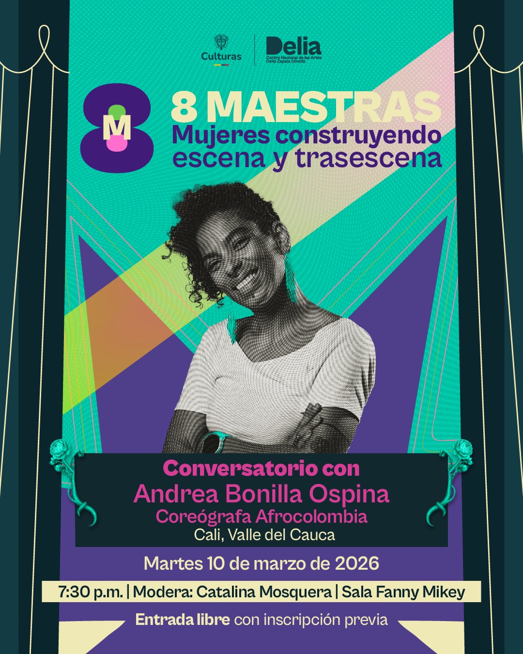 Andrea Bonilla Ospina es una coreógrafa afrocolombiana, maestra en Artes Escénicas con énfasis en Danza Contemporánea y magíster en Estudios Culturales.