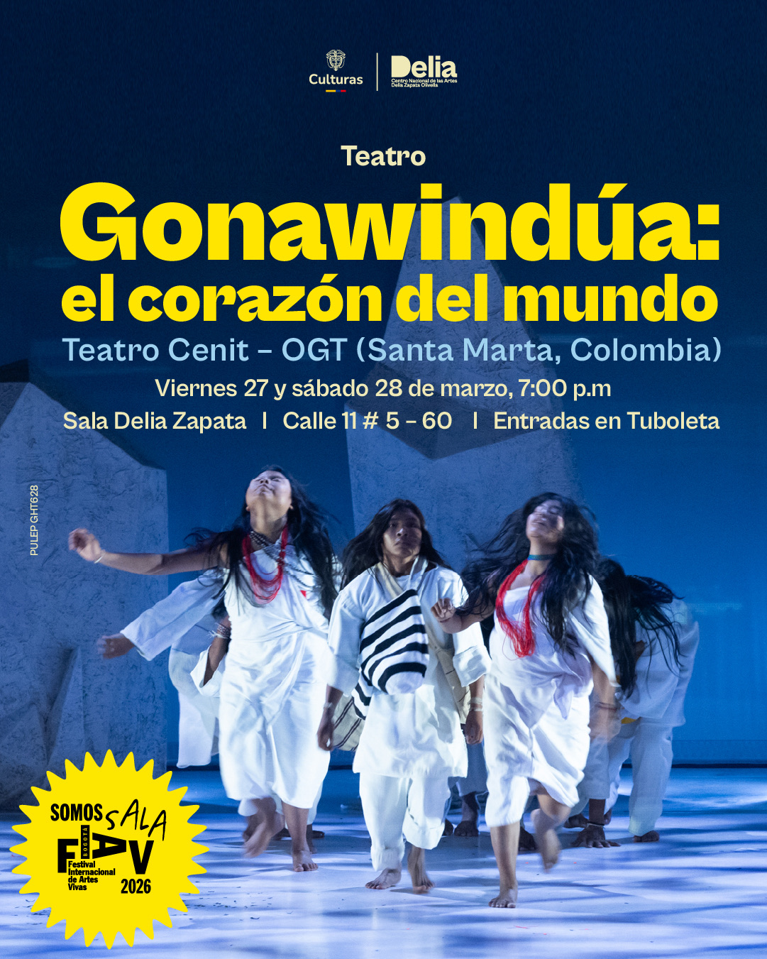 ‘Gonawindúa: el corazón del mundo’ es un poema visual que presenta los fundamentos de “los primeros hijos de la Madre”. Es el mensaje de los hermanos mayores sobre el cuidado y respeto a la naturaleza. La obra es una puesta en escena que nace de la conversación entre dos mundos culturales. Por un lado, el pueblo Kogui y su misión cosmogónica de armonizar y cuidar el planeta, y, por otro lado, el teatro, que, en su rol de puente, integra los lenguajes contemporáneos de las artes escénicas para comunicar el llamado a la salvaguardia de la biodiversidad.