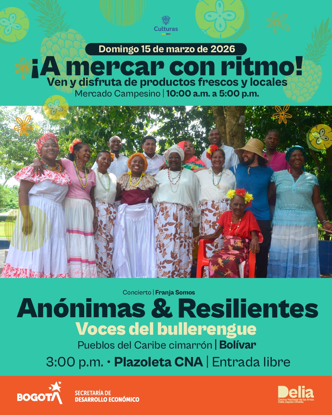 Durante el Mercado Campesino del Centro Nacional de las Artes, la plazoleta se llenará también de música y memoria con el concierto del colectivo Voces del bullerengue - Anónimas & Resilientes: cantadoras del Caribe Cimarrón, un grupo de mujeres mayores que han preservado el legado matriarcal del bullerengue en territorios rurales del Caribe colombiano.