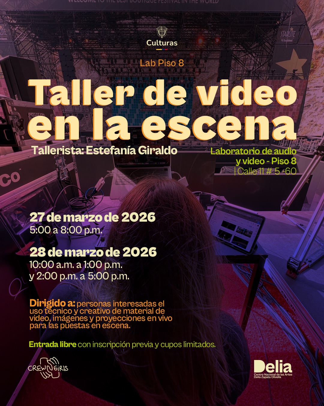 El taller se desarrollará bajo un enfoque teórico–práctico donde se enseñarán conceptos necesarios para el uso técnico y creativo de material de video, imágenes y las proyecciones en vivo para las puestas en escena. A lo largo de las jornadas, los participantes tendrán la posibilidad de experimentar diversos programas para la proyección del contenido como: ProPresenter, OBS y Resolume, dejando volar su imaginación y creando múltiples posibilidades visuales para apoyar sus proyectos. 