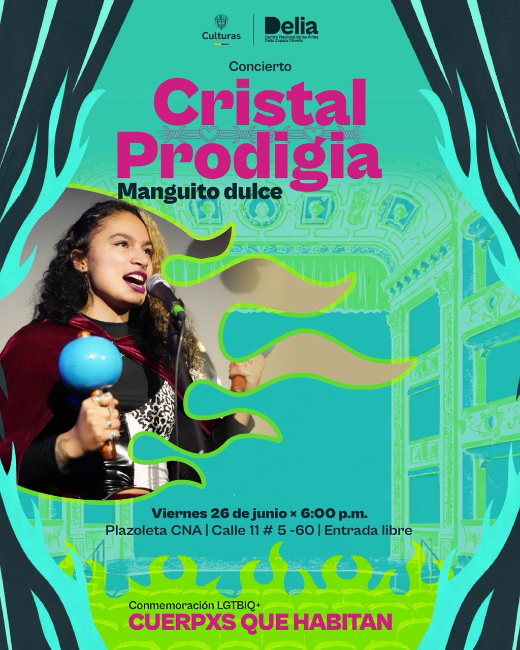 Cristal Prodigia. Rapera, activista y productora. Desde 2015, Prodigia ha trazado un puente sonoro donde el Hip Hop converge con la cumbia, la gaita y el bullerengue. Su propuesta es una descarga de fuerza, ternura y rebeldía.