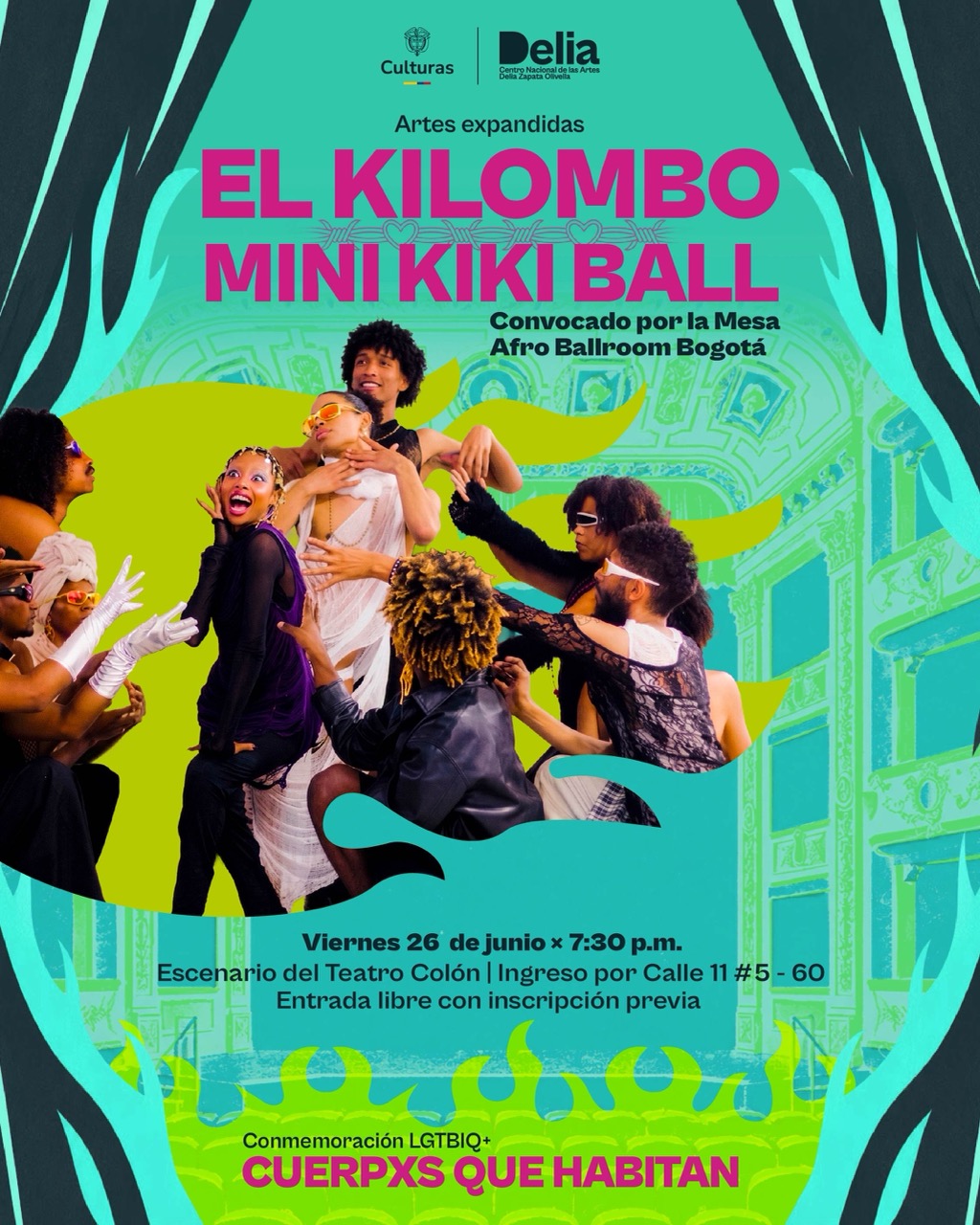El Kilombo Mini Kiki Ball es un encuentro escénico que irrumpe en el Teatro Colón desde las estéticas y prácticas del ballroom, proponiendo una activación del espacio a través del cuerpo, el ritmo y la presencia.