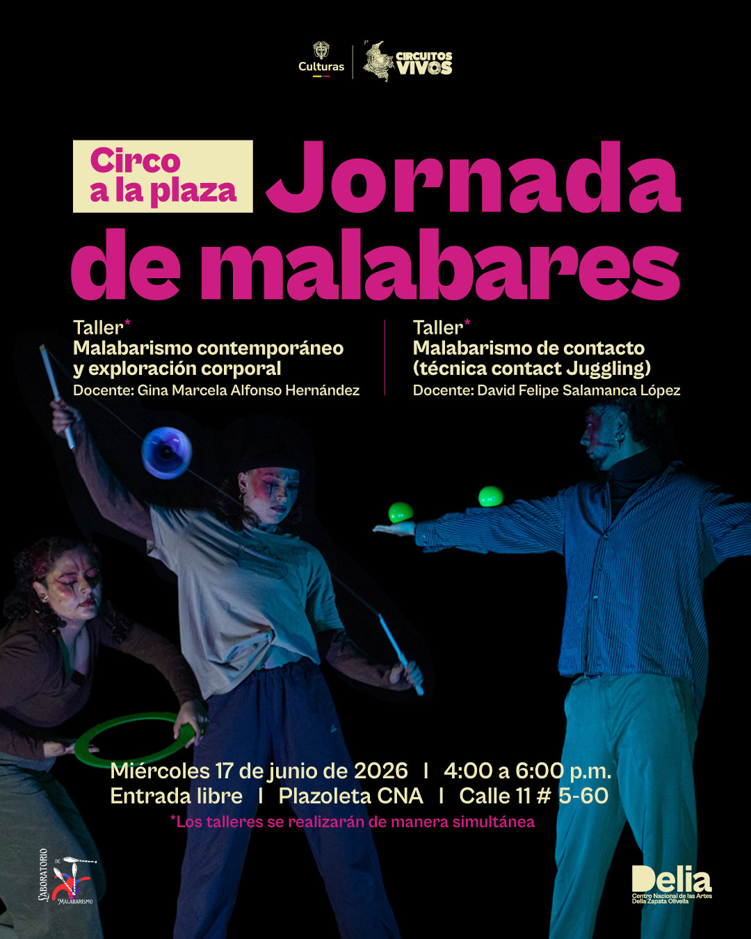 La plazoleta del Centro Nacional de las Artes se convierte en un espacio de encuentro, aprendizaje y experimentación con una jornada de talleres de malabarismo abierta a personas de todas las edades y niveles de experiencia. A través del circo como práctica artística, pedagógica y de investigación corporal, esta actividad invita a descubrir nuevas formas de relacionarse con el movimiento, la atención y el juego compartido.