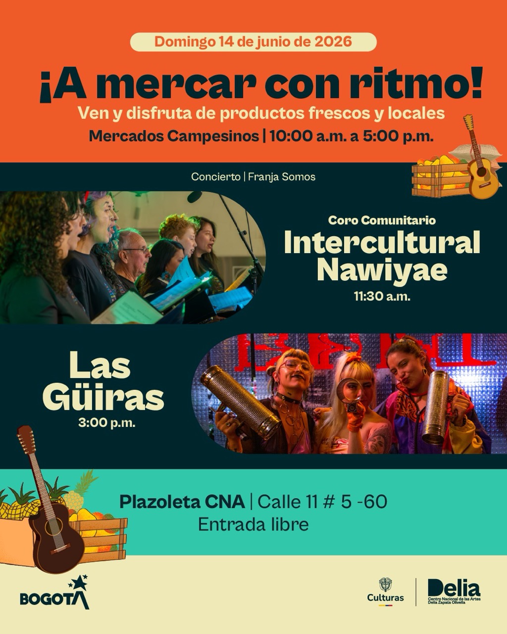 Disfruta de una nueva jornada de Mercado Campesino, un espacio para apoyar a productores locales y descubrir los sabores, saberes y tradiciones del territorio. Además de una variada oferta de productos frescos y artesanales, la programación contará con dos experiencias musicales que celebran la diversidad cultural a través del sonido.