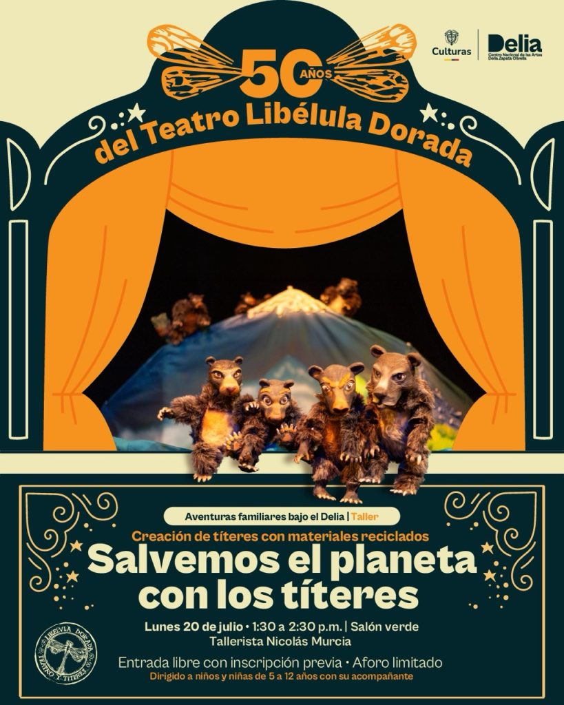 En el marco de la celebración de los 50 años del Teatro Libélula Dorada y de una de sus puestas en escena: Gaspar, el señor de las nubes, este taller de mediación invita a niños y niñas de 5 a 12 años, a crear títeres con materiales reciclados mientras reflexionan sobre el cuidado del planeta a través del juego y la imaginación.