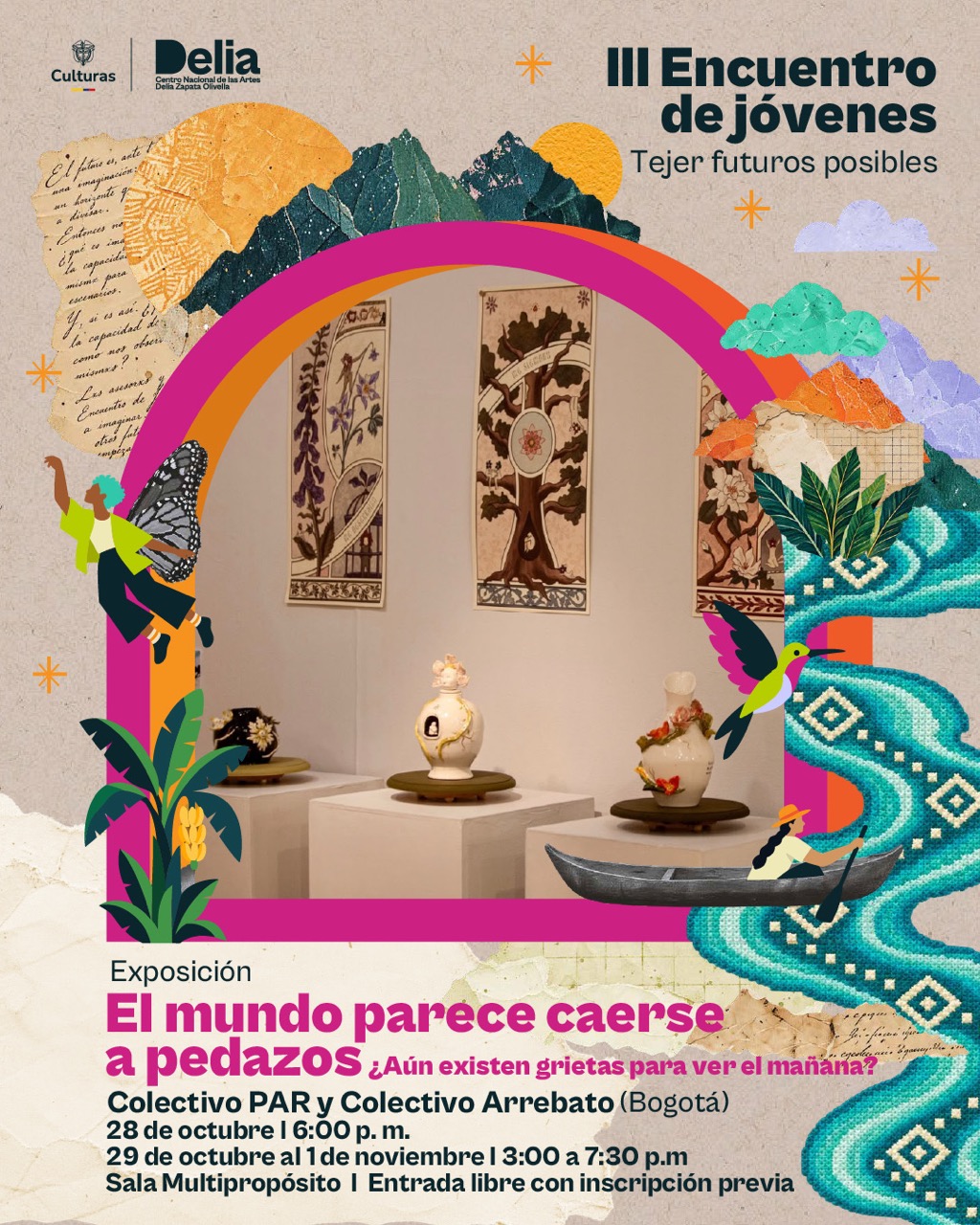 La exposición presenta gráfica, fotografía, cerámica, artes visuales, un dispositivo de mediación, y 4 activaciones creados por jóvenes entre los 18 a los 28 años, que se entretejen como contranarrativas para imaginar desde la rabia, la ternura, el miedo, el humor, la esperanza el deseo como ejes centrales para la construcción de presentes y futuros en paz.