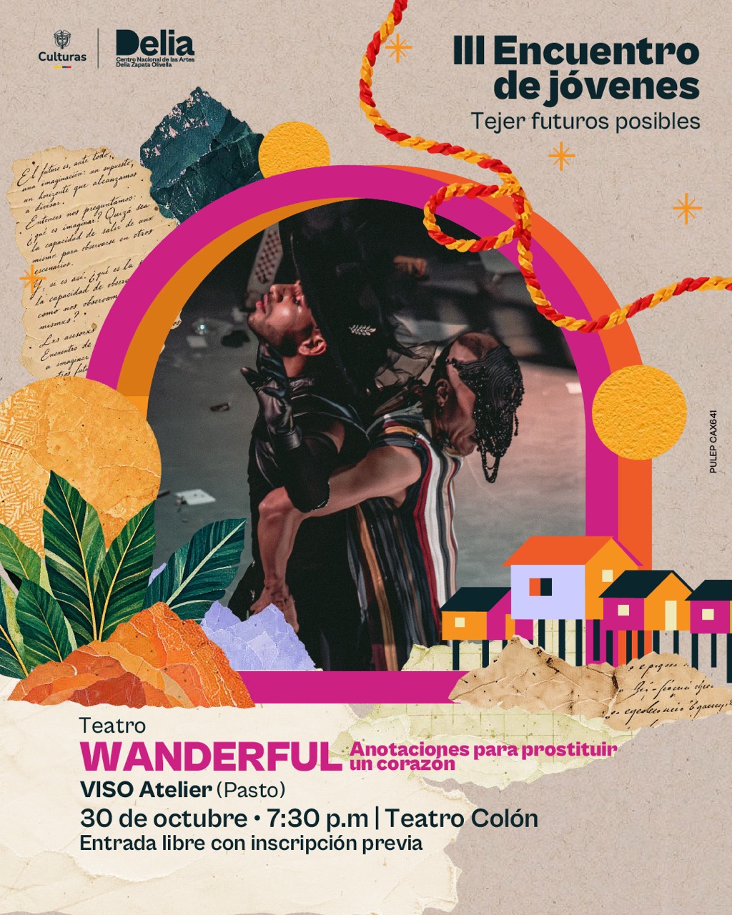 Originaria de Pasto y ganadora de la Beca de Creación del Ministerio de las Culturas 2024, WANDERFUL: Anotaciones para prostituir un corazón es una propuesta interdisciplinar que reúne teatro, literatura y lenguajes audiovisuales para explorar la experiencia emocional y las maneras en que transformamos aquello que nos atraviesa.