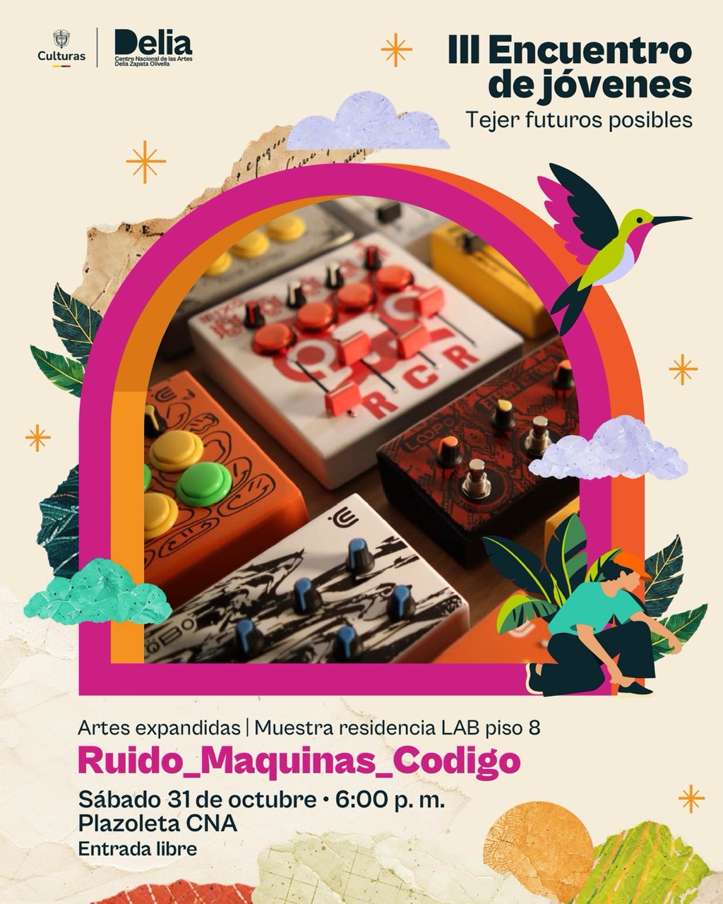 Ruido, máquinas, código es una residencia intensiva de investigación, experimentación y creación colectiva que reúne a jóvenes artistas sonoros y visuales alrededor del encuentro entre sonido, video, máquinas y programación.